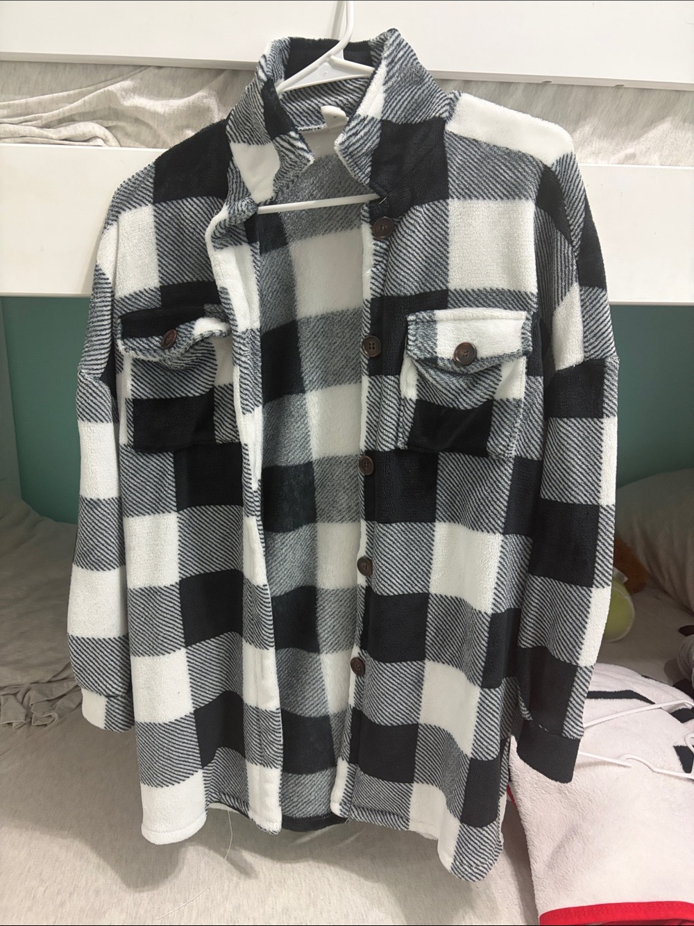 SHEIN Black and White Buffalo Plaid Fleece Shacket